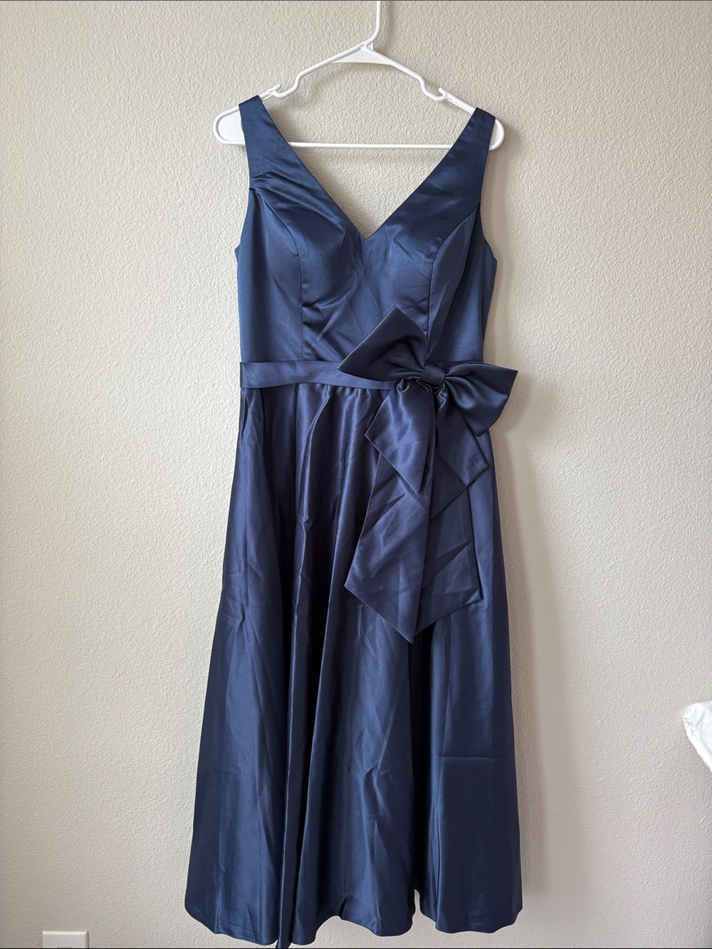 V-Neck Navy Midi Dress with Removable Waist Bow